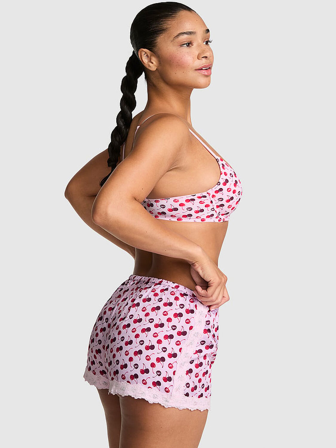 vs Pink Silky Lace-Trim Boxy Pajama Shorts Pink Tulip With Cherry Print 2 of 3 