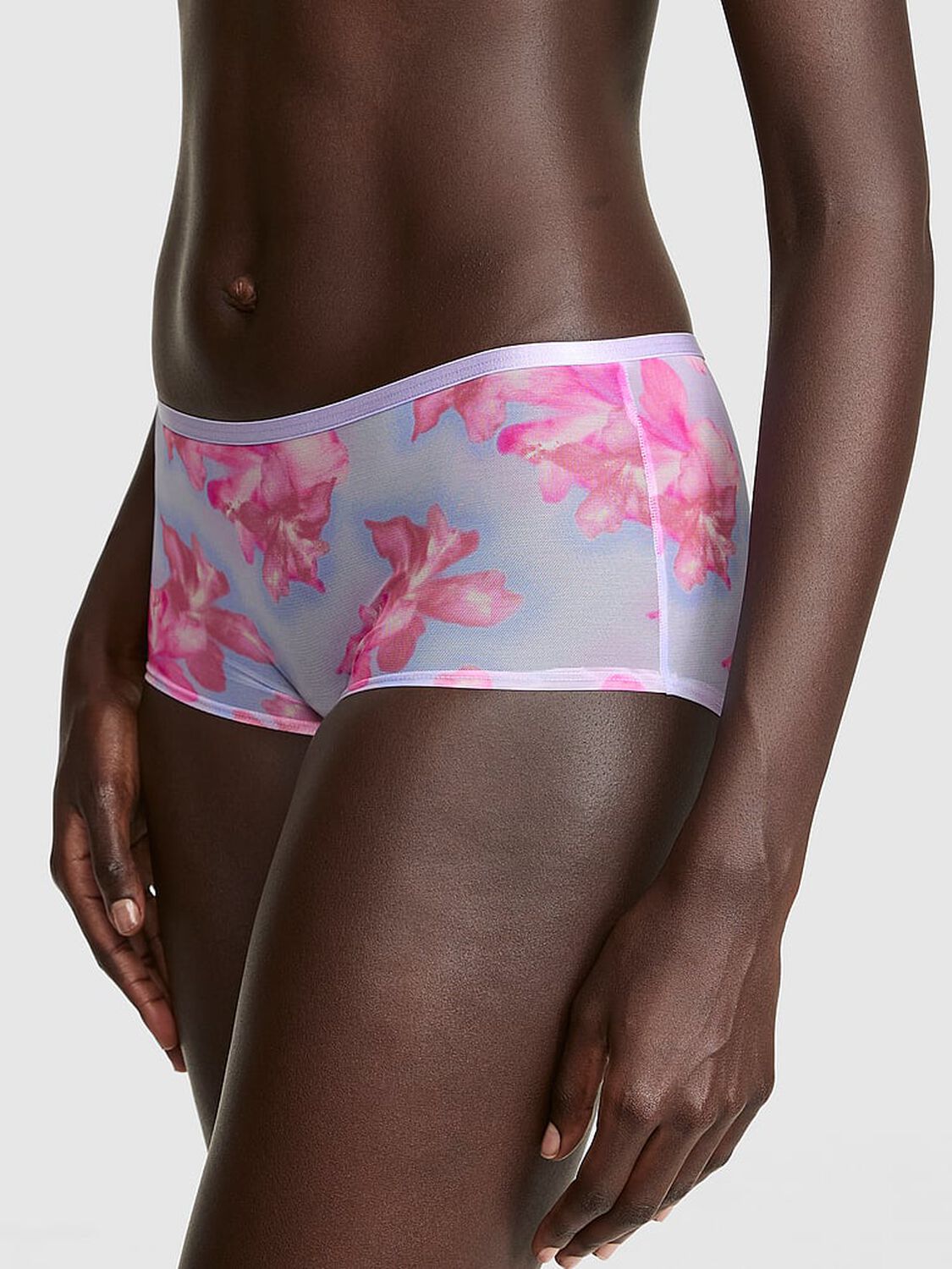 pink Pink Mesh Boyshort Panty Sweet Lavender Hibiscus Floral Print 1 of 3 
