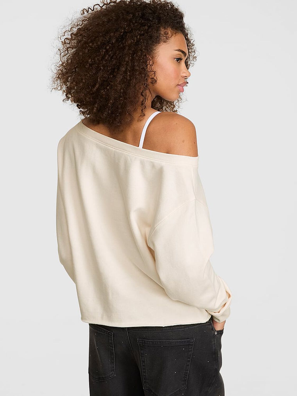 pink Pink Campus Fleece&trade; Rib Off-The-Shoulder Sweatshirt Cozy White 2 of 3 