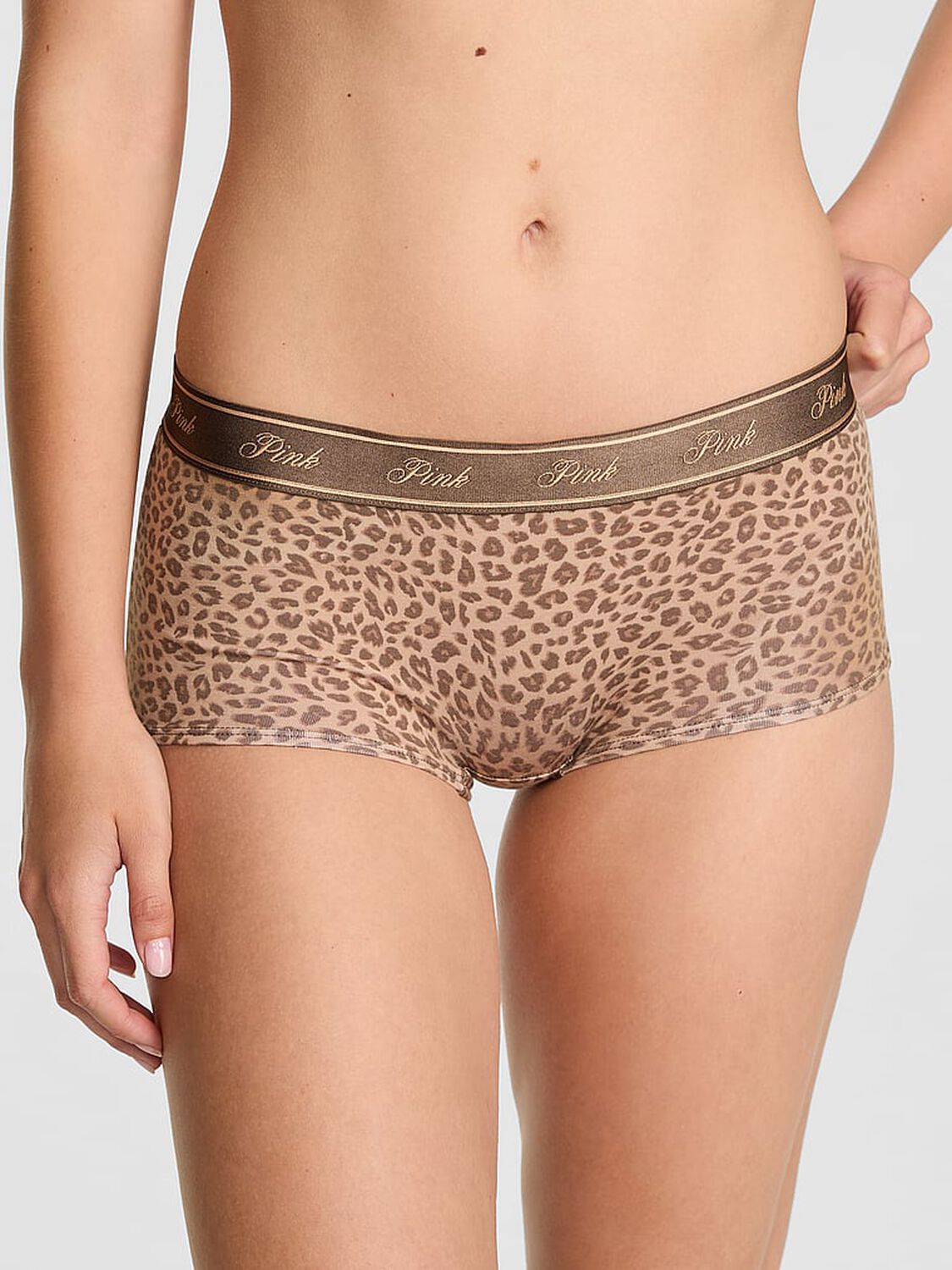 pink Pink Logo Cotton Boyshort Panty Birch Brown Leopard Print 1 of 4 