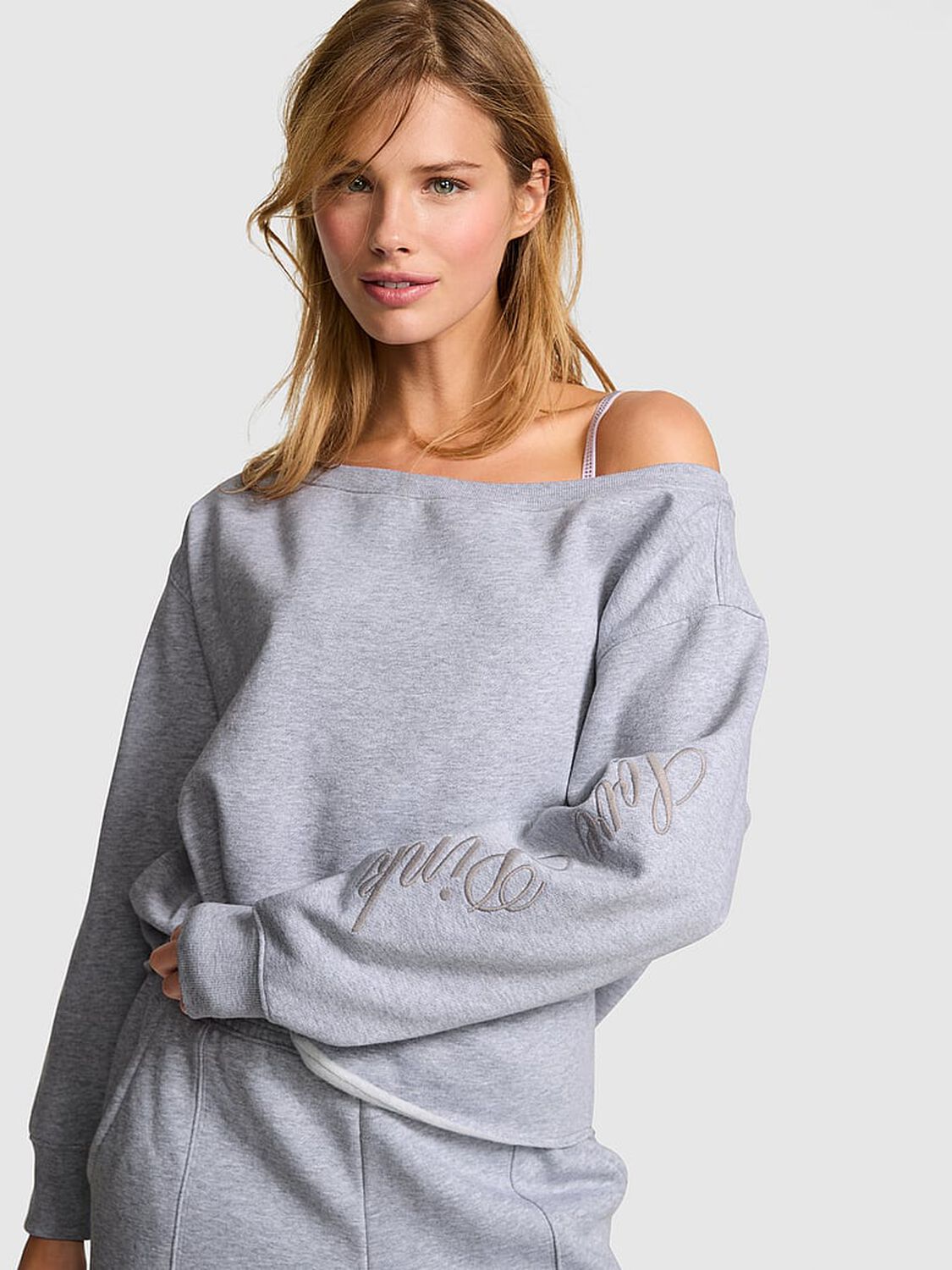 pink Pink Campus Fleece&trade; Rib Off-The-Shoulder Sweatshirt Medium Heather Grey Spring 1 of 3 