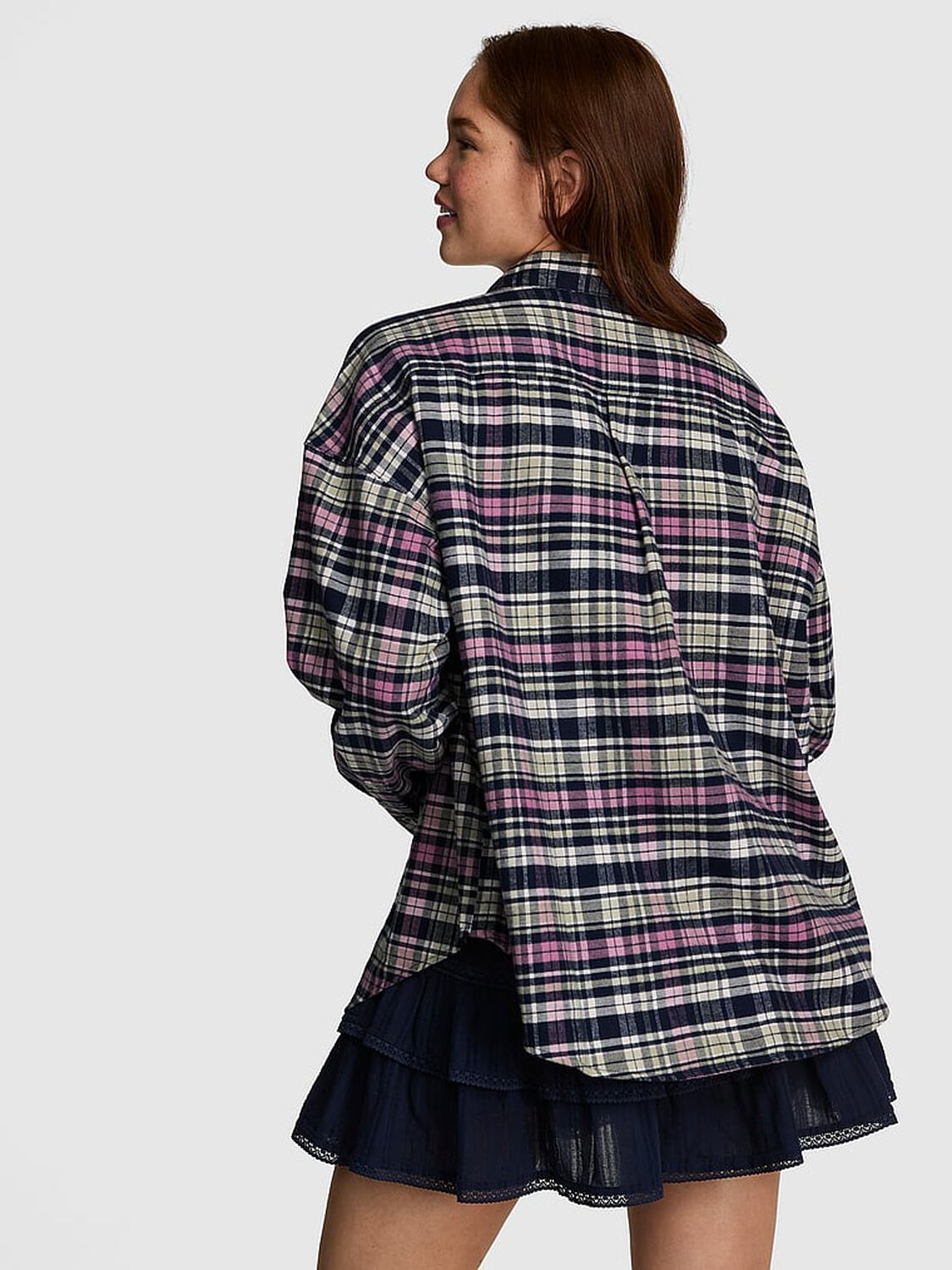 vs Pink 100% Cotton Favorite Flannel Button-Down Sleepshirt Woodland Green Plaid 2 of 4 