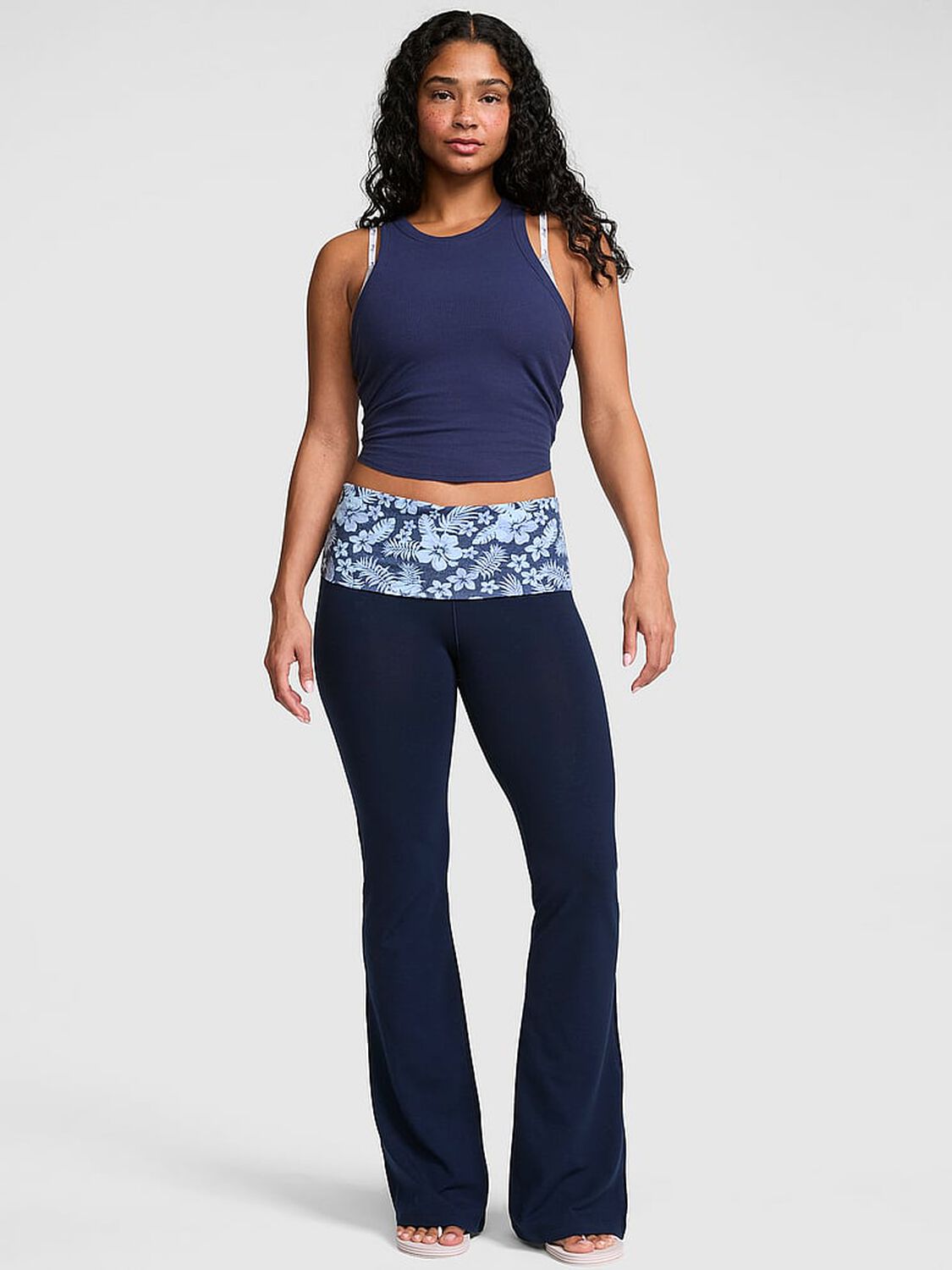 pink Pink All-Day Cotton&trade; Foldover Flare Leggings Noir Navy Floral 1 of 3 