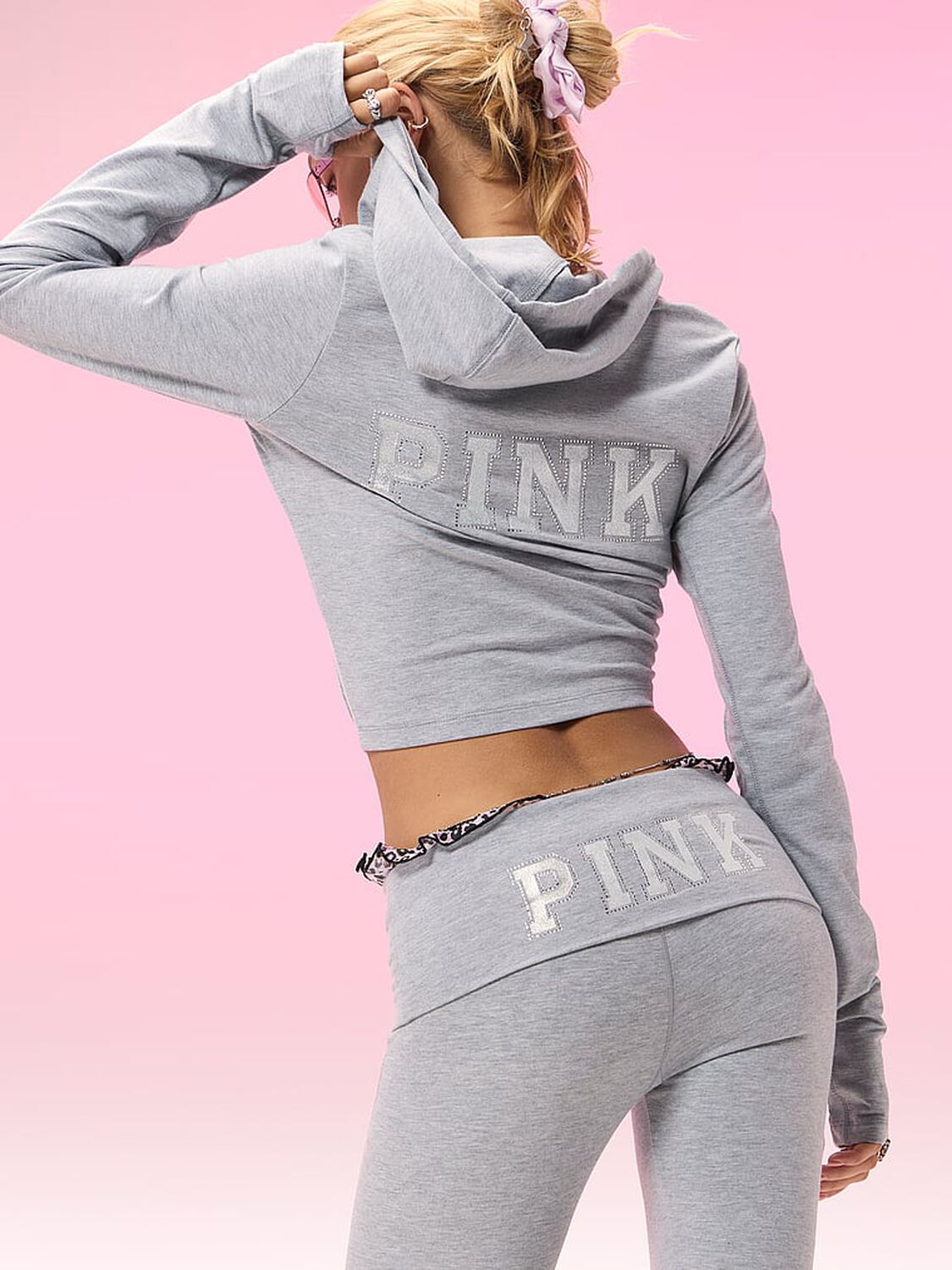 pink Pink All-Day Cotton&trade; Foldover Flare Leggings Heather Grey Waistband Pink Bling 3 of 3 