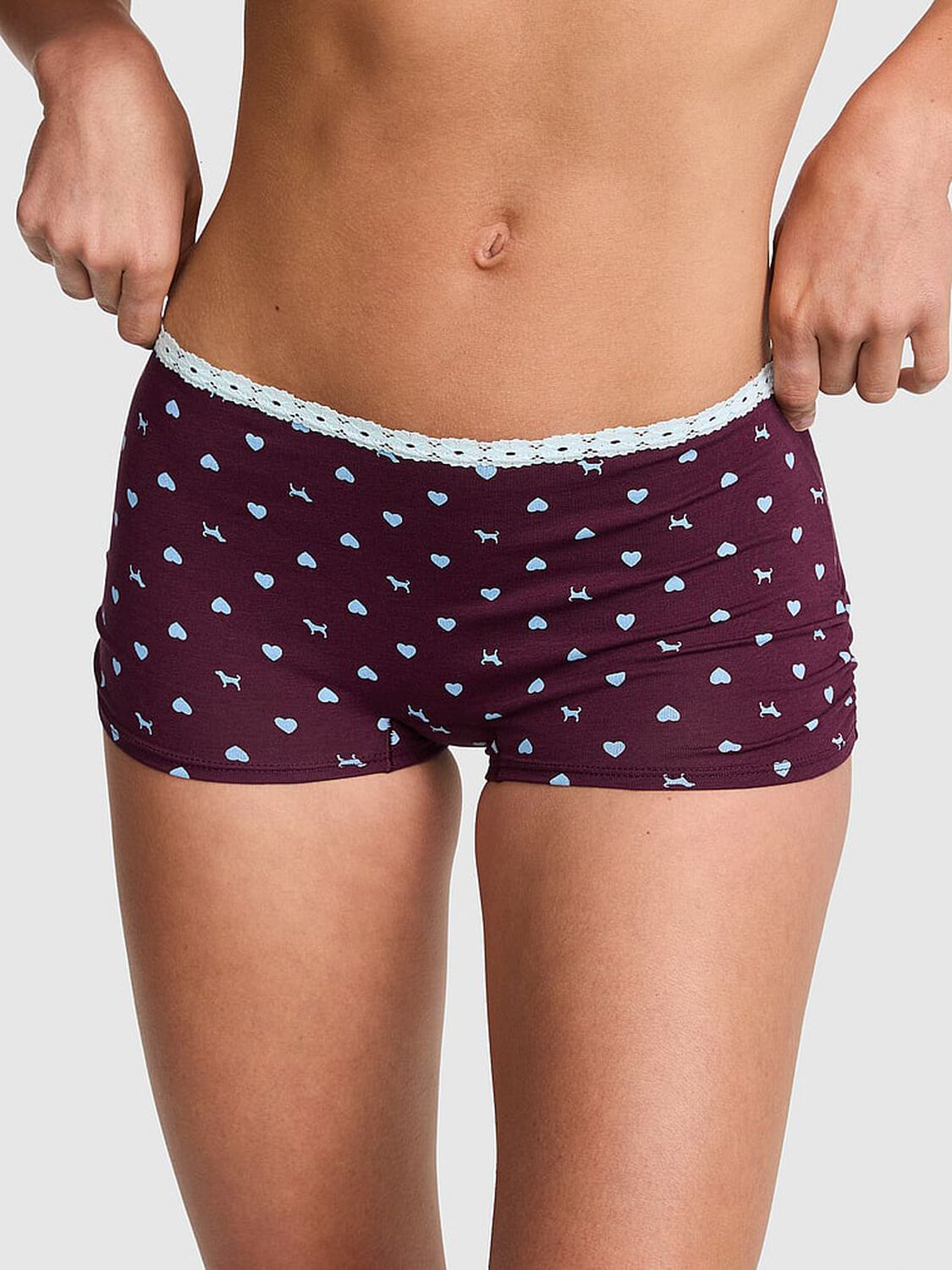 pink Pink Cotton Dorm Boyshort Panty Wild Rose Heart Dog With Blue Dancer Lace 1 of 3 