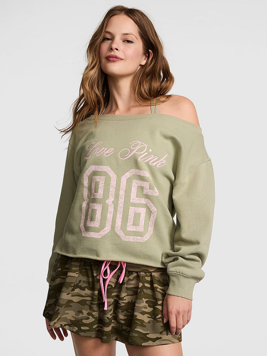 pink Pink Campus Fleece&trade; Rib Off-The-Shoulder Sweatshirt Slate Green 1 of 2 