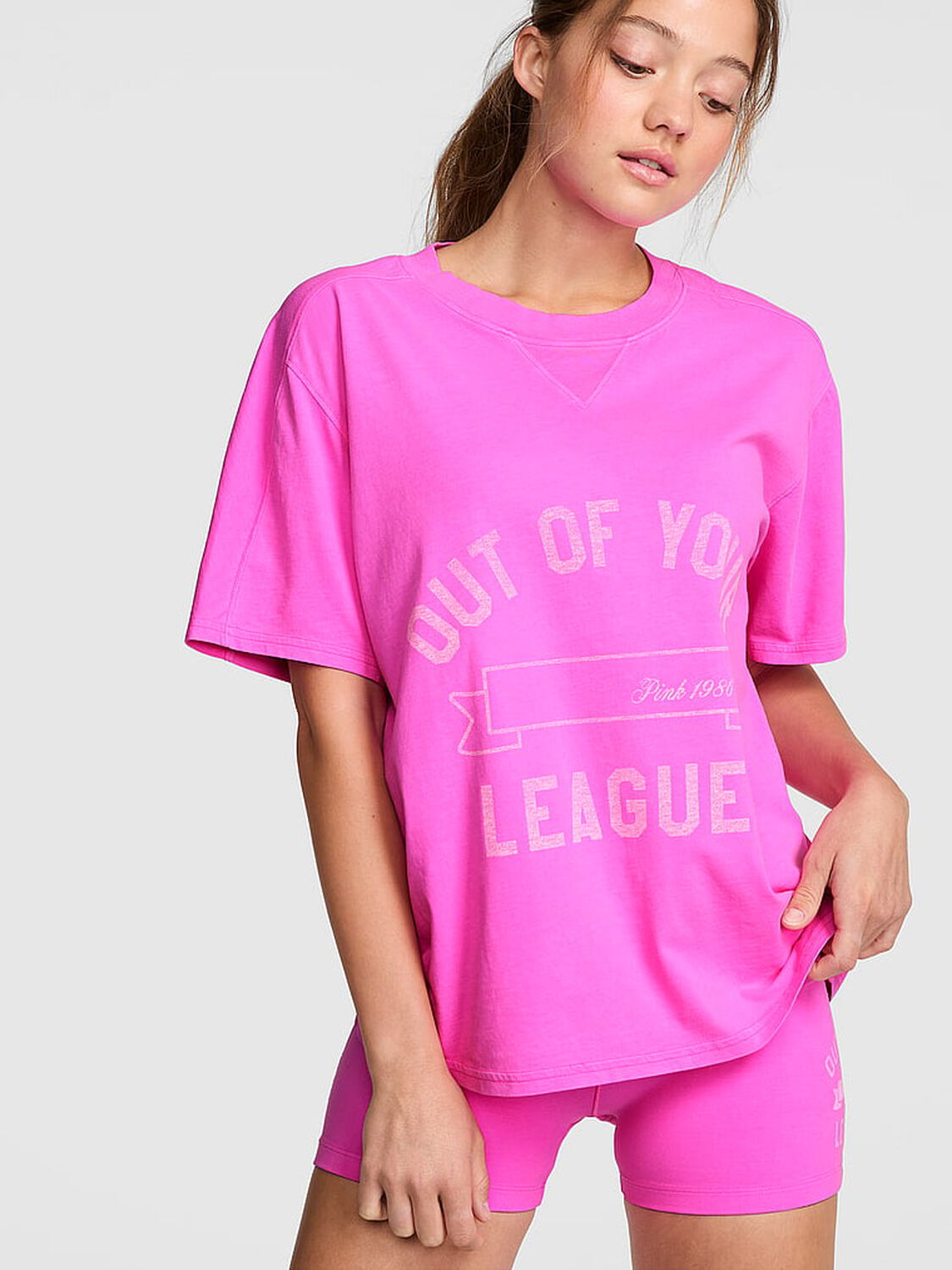 vs Pink Campus Cotton&trade; V-Stitch Crewneck Boxy Tee Pink Berry 1 of 4 
