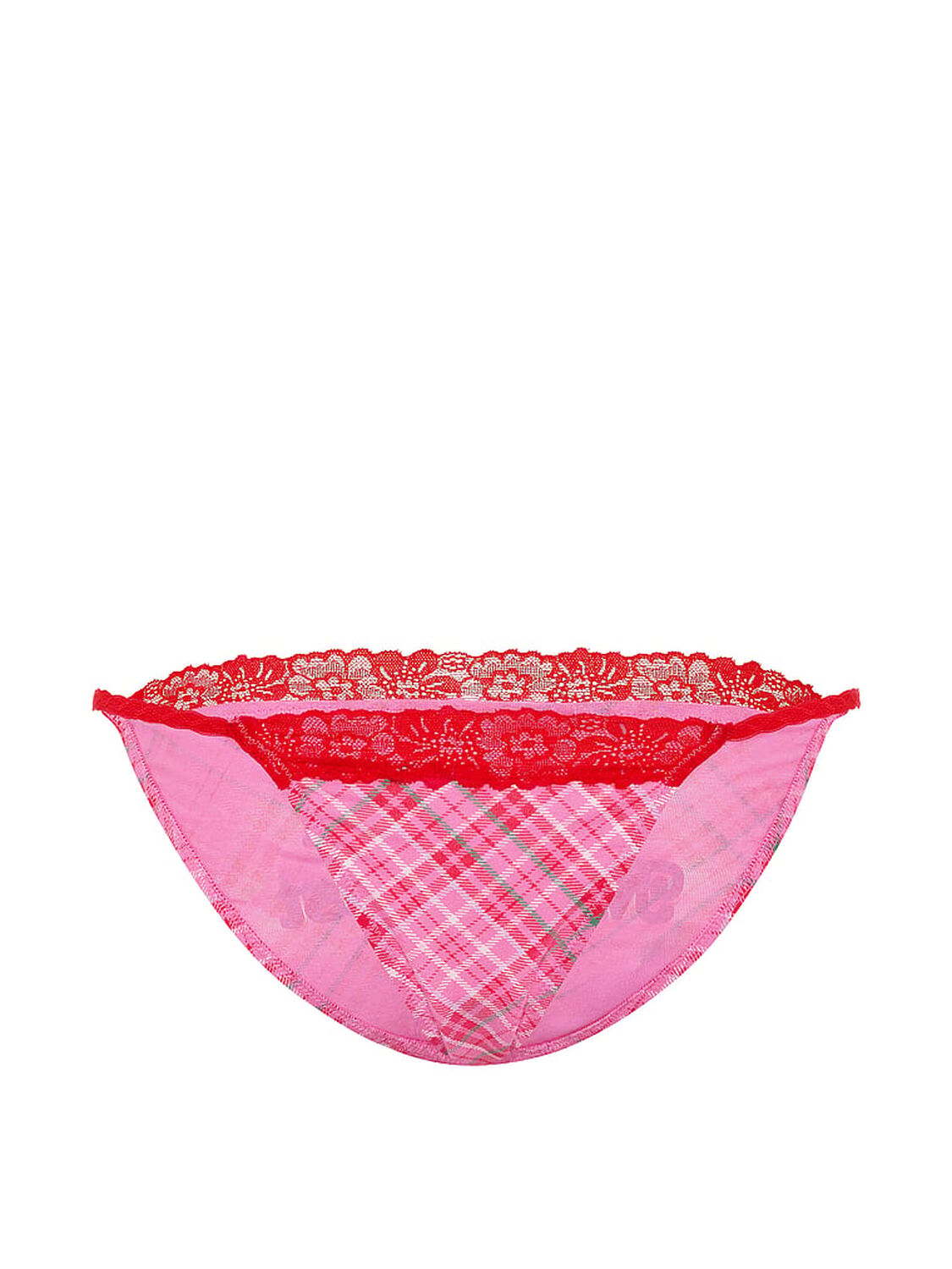 pink Pink Cotton Lace-Trim String Bikini Panty Pink Plaid Print With You'Re On My Wishlist Graphic 3 of 3 