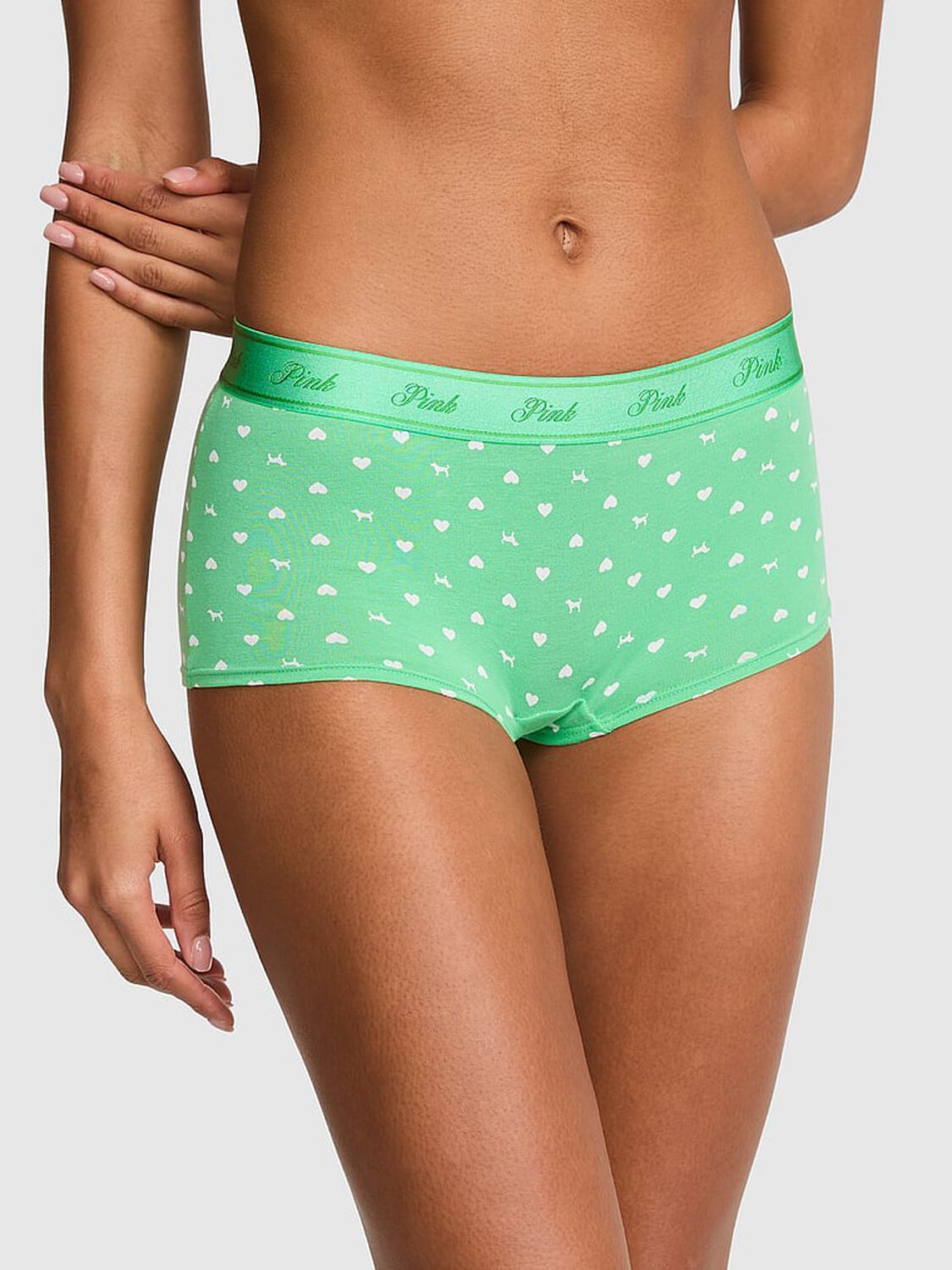 pink Pink Logo Cotton Boyshort Panty Graphic Green Heart Dog 1 of 3 
