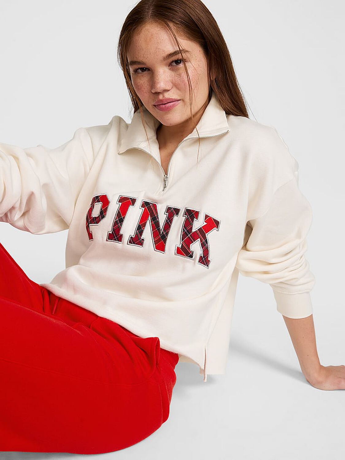 pink Pink Campus Fleece&trade; Quarter-Zip Straight-Cut Sweatshirt Cozy White 1 of 3 