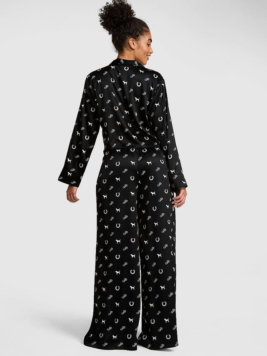 vs Pink GRWPINK&trade; Satin Flyaway Long-Sleeve & Pants Pajama Set Black Heritage Print 2 of 3 