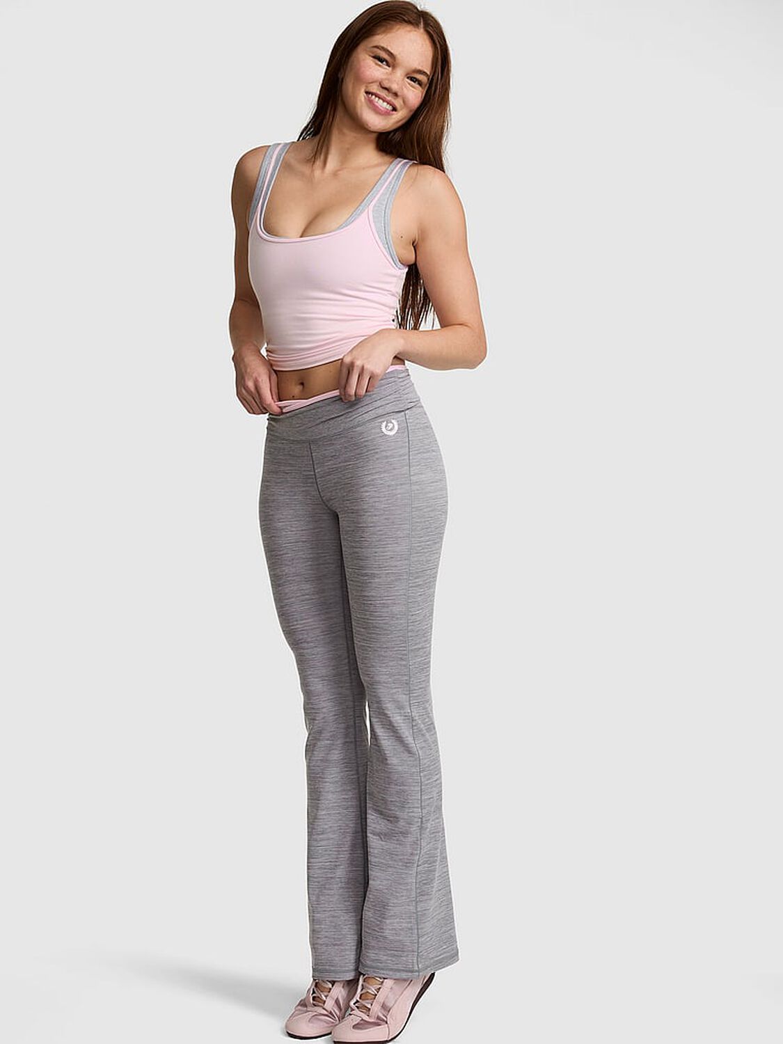 vs Pink PINK Relay&trade; Overlap-Band Flare Leggings Night Owl Grey 1 of 3 