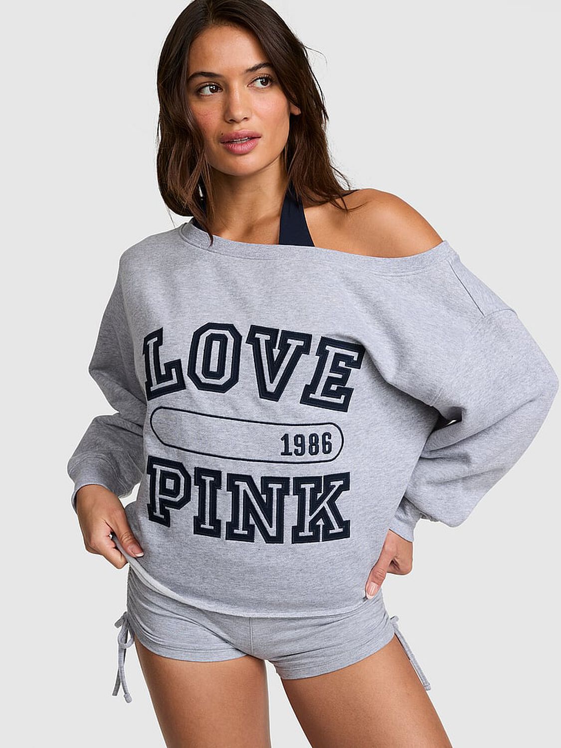 pink Pink Campus Fleece&trade; Rib Off-The-Shoulder Sweatshirt Heather Grey 1 of 3 