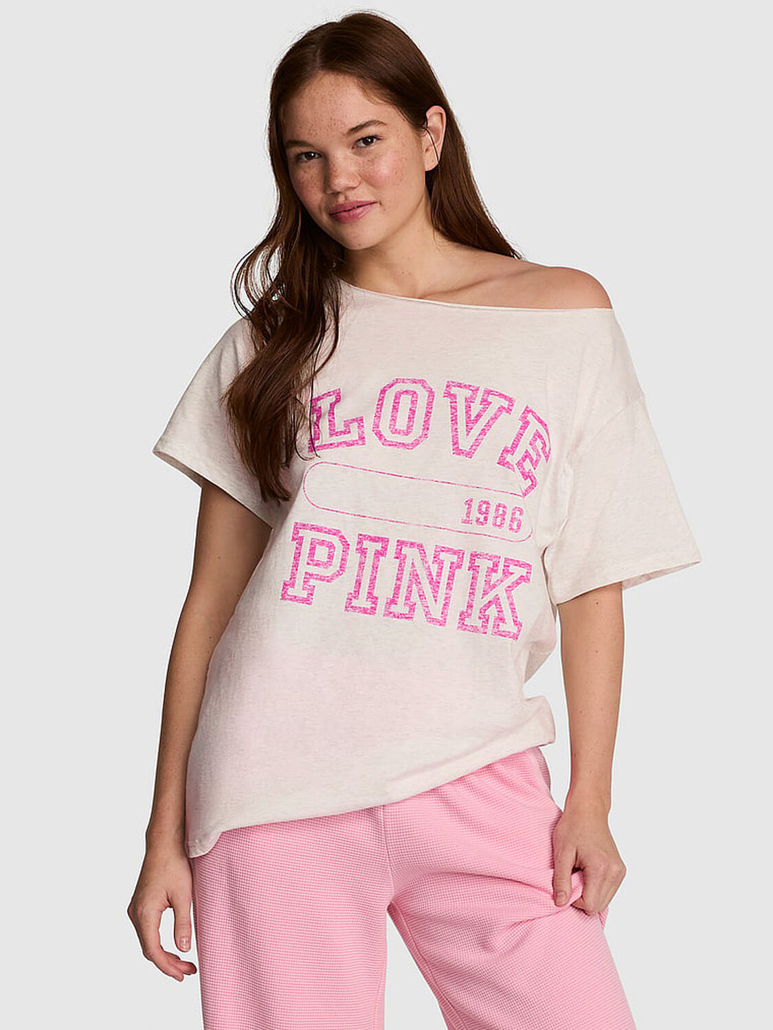 pink Pink Campus Cotton&trade; Off-The-Shoulder Tee Snow Heather 1 of 3 