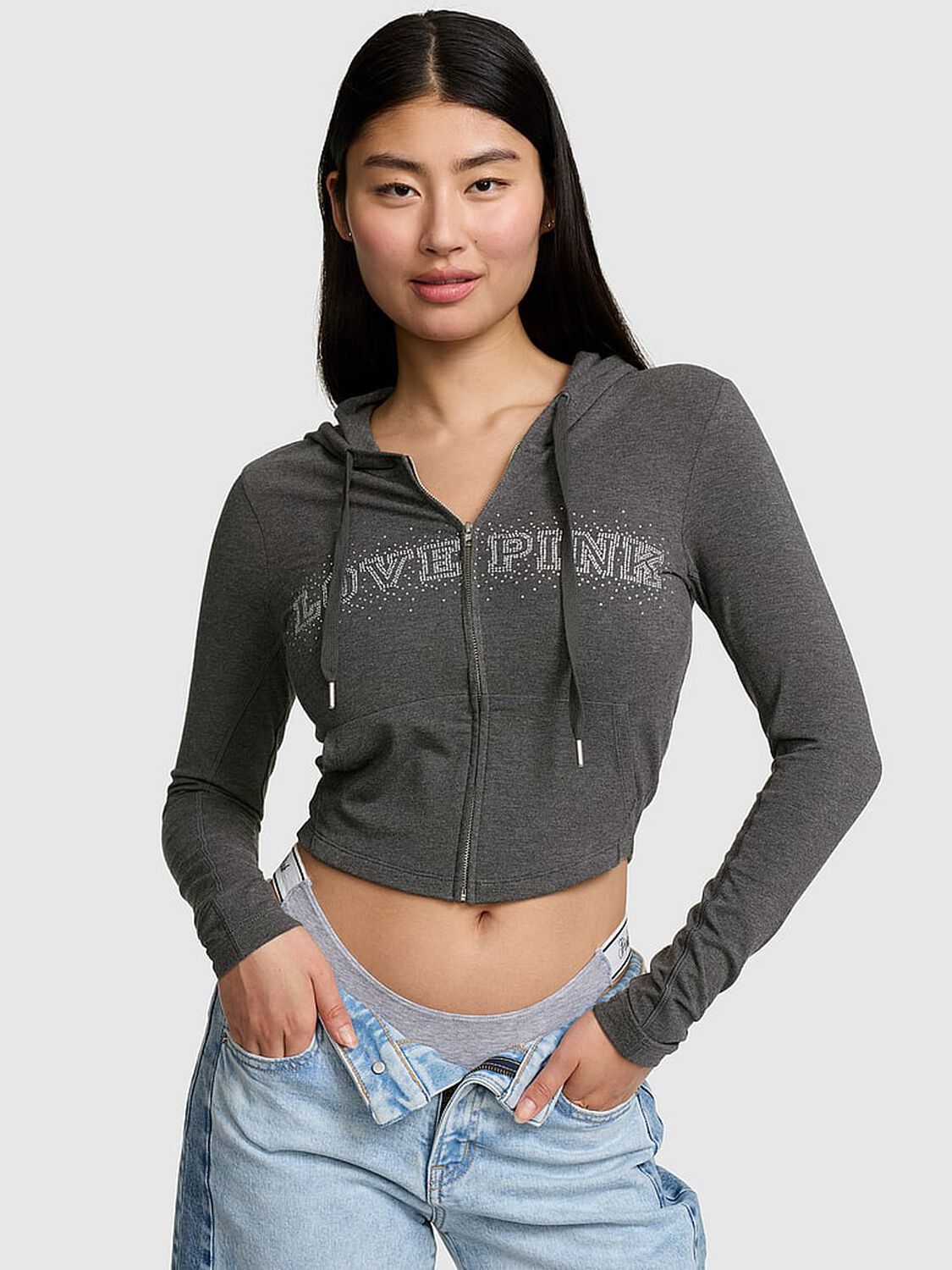 vs Pink All-Day Cotton&trade; Full-Zip Hoodie Charcoal Heather Grey 1 of 2 