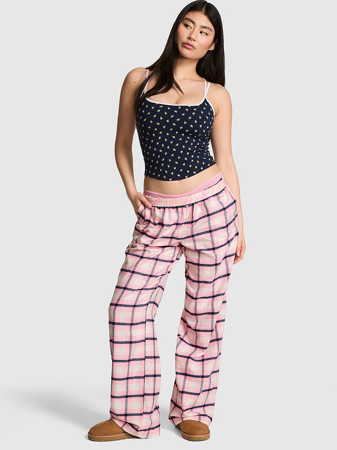 vs Pink 100% Cotton Favorite Flannel Pajama Pants Cozy White, Black, And Pink Plaid 1 of 3 