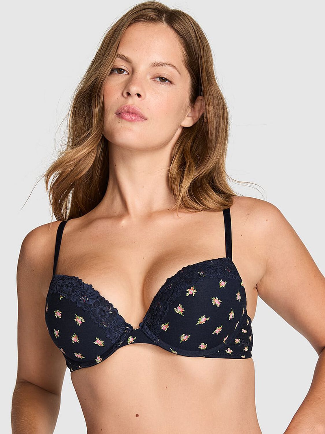 vs Pink Wear Everywhere&trade; Super Push-Up Bra Noir Navy Rose Print 1 of 3 