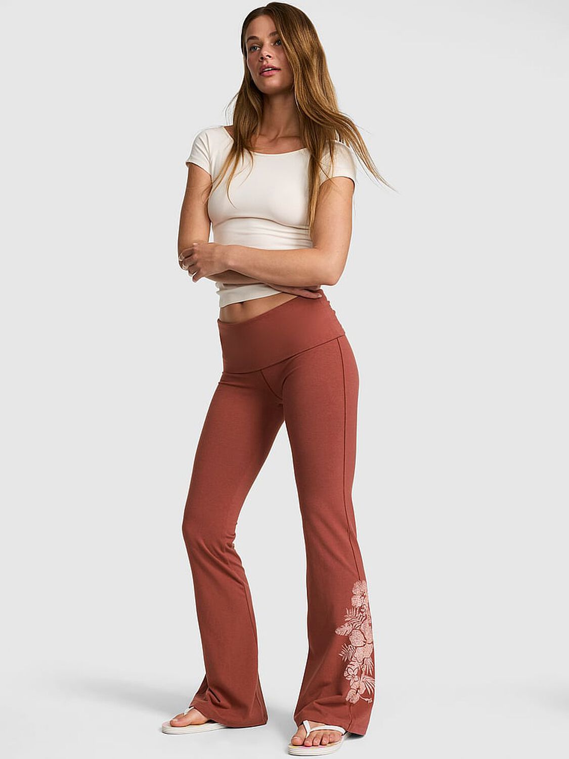 pink Pink All-Day Cotton&trade; Foldover Flare Leggings Clay Floral Diamant&eacute; 1 of 3 