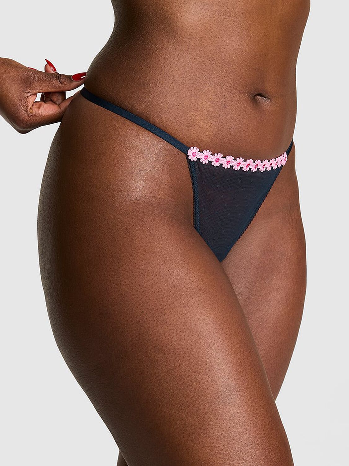 pink Pink Lace V-String Panty Noir Navy 1 of 3 