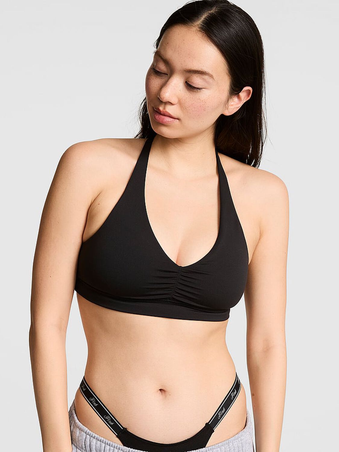 pink Pink PINK Relay&trade; Ruched Plunge Sports Bra Black 1 of 2 