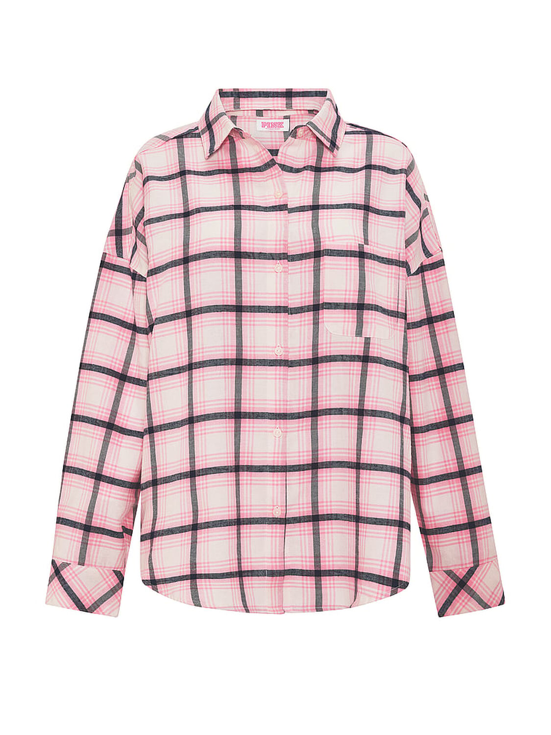 vs Pink 100% Cotton Favorite Flannel Button-Down Sleepshirt Cozy White, Black, And Pink Plaid 3 of 3 