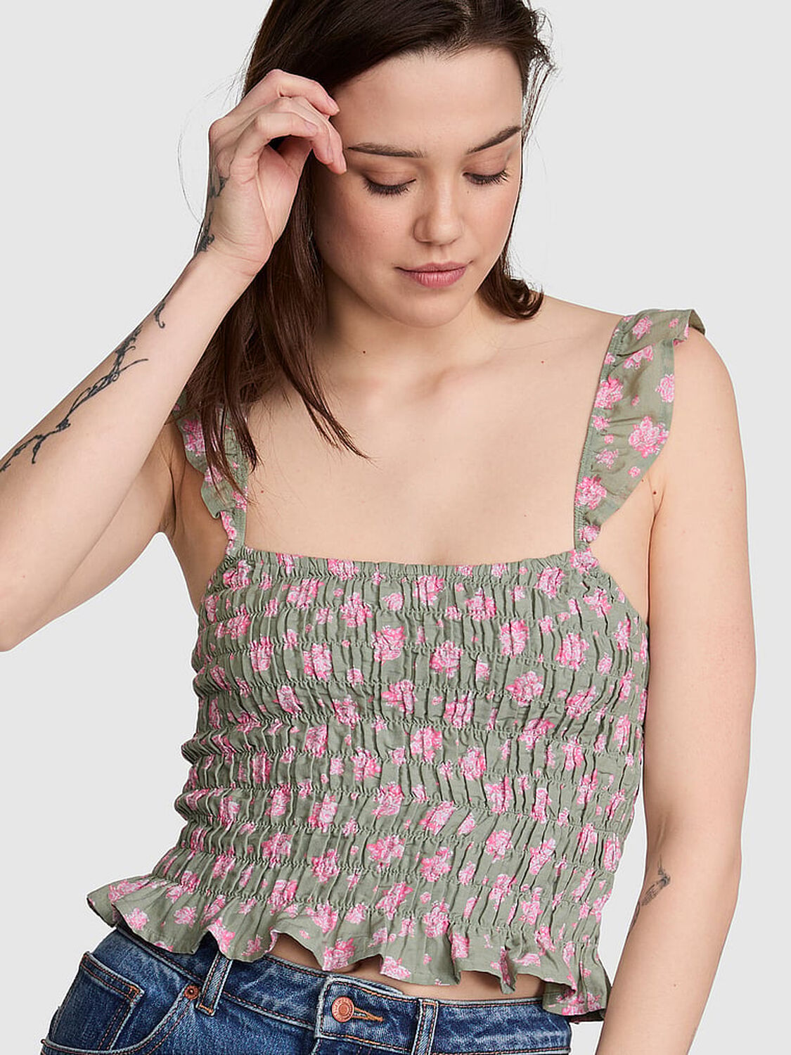 pink Pink Flirty Fit Smocked Tank Top Slate Green Floral 1 of 3 