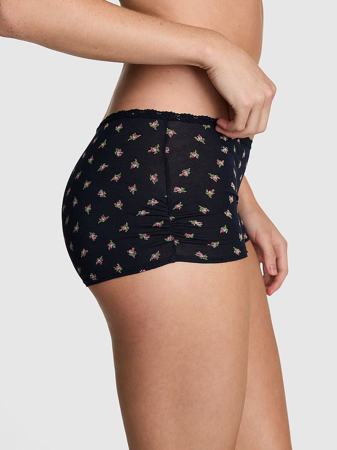 pink Pink Cotton Dorm Boyshort Panty Noir Navy Rose Print With Noir Navy Lace 1 of 3 