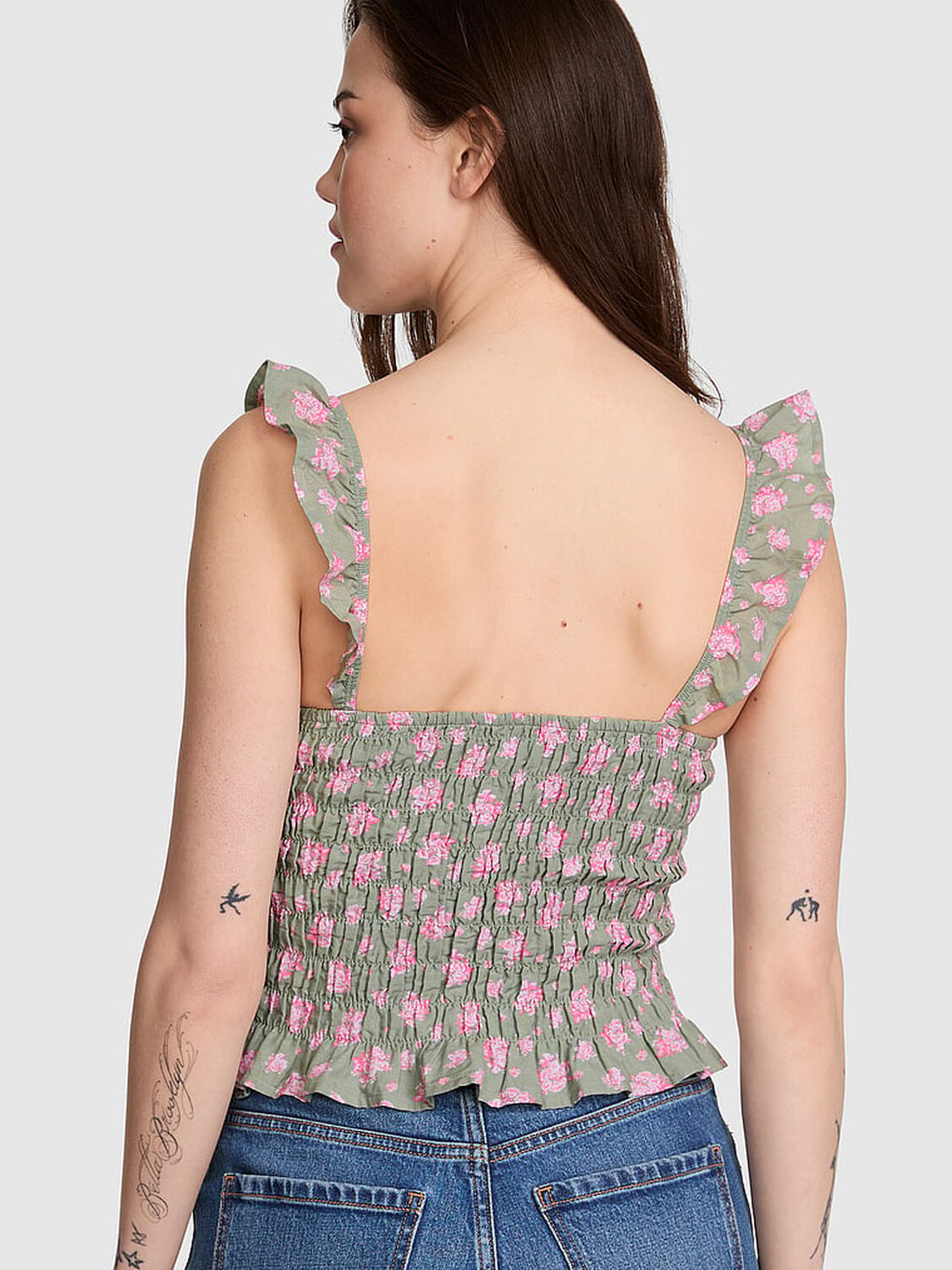 pink Pink Flirty Fit Smocked Tank Top Slate Green Floral 2 of 3 
