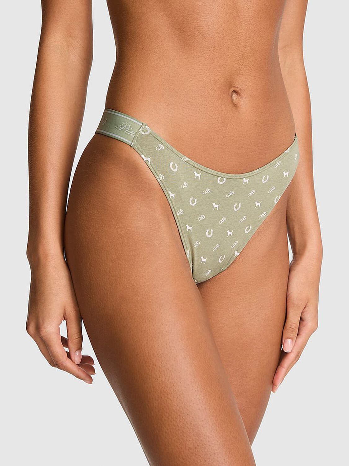 pink Pink Logo Cotton High-Leg Thong Panty Slate Green P Heritage Print 1 of 2 