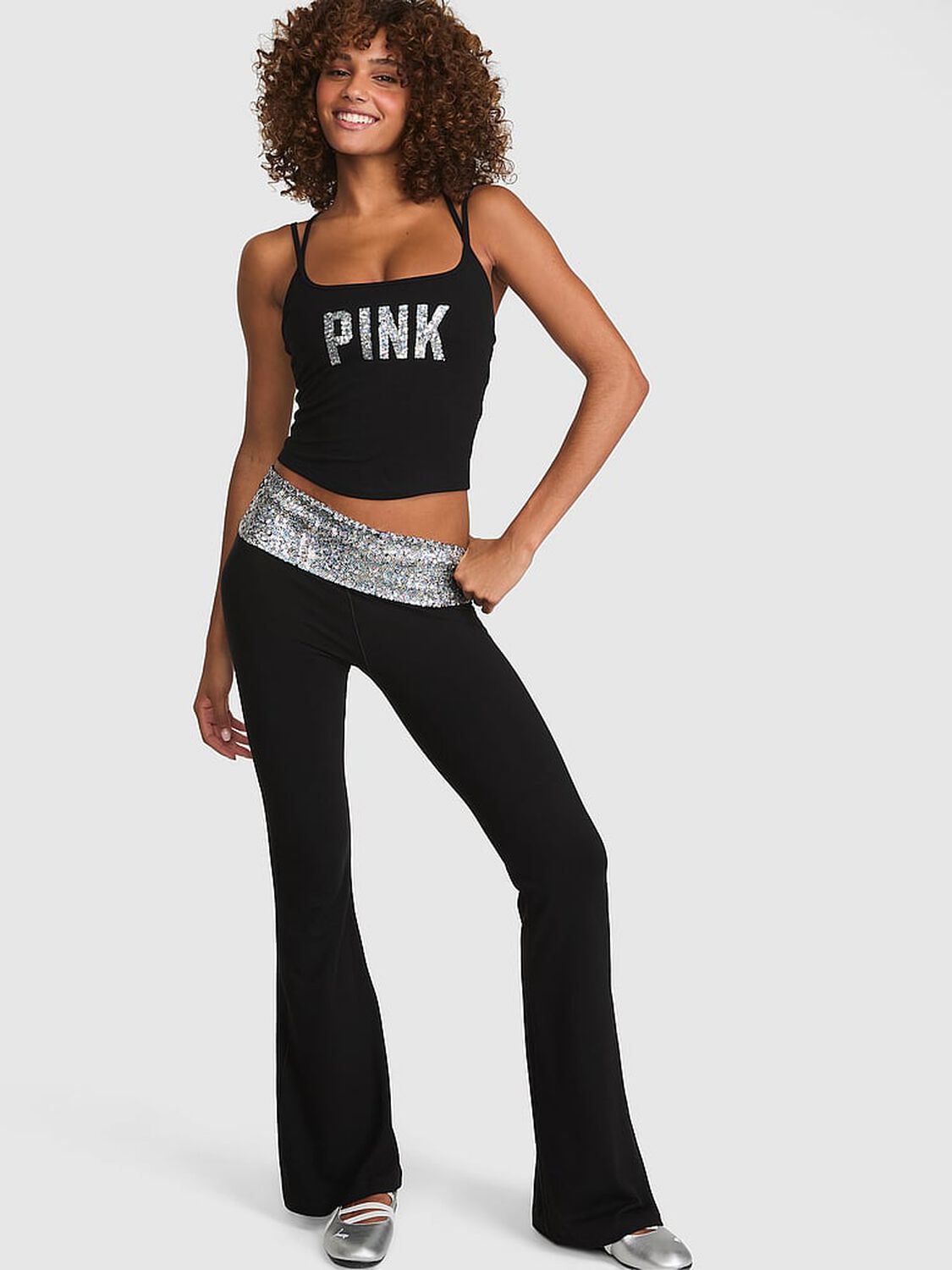 pink Pink All-Day Cotton&trade; Foldover Flare Leggings Black 1 of 2 