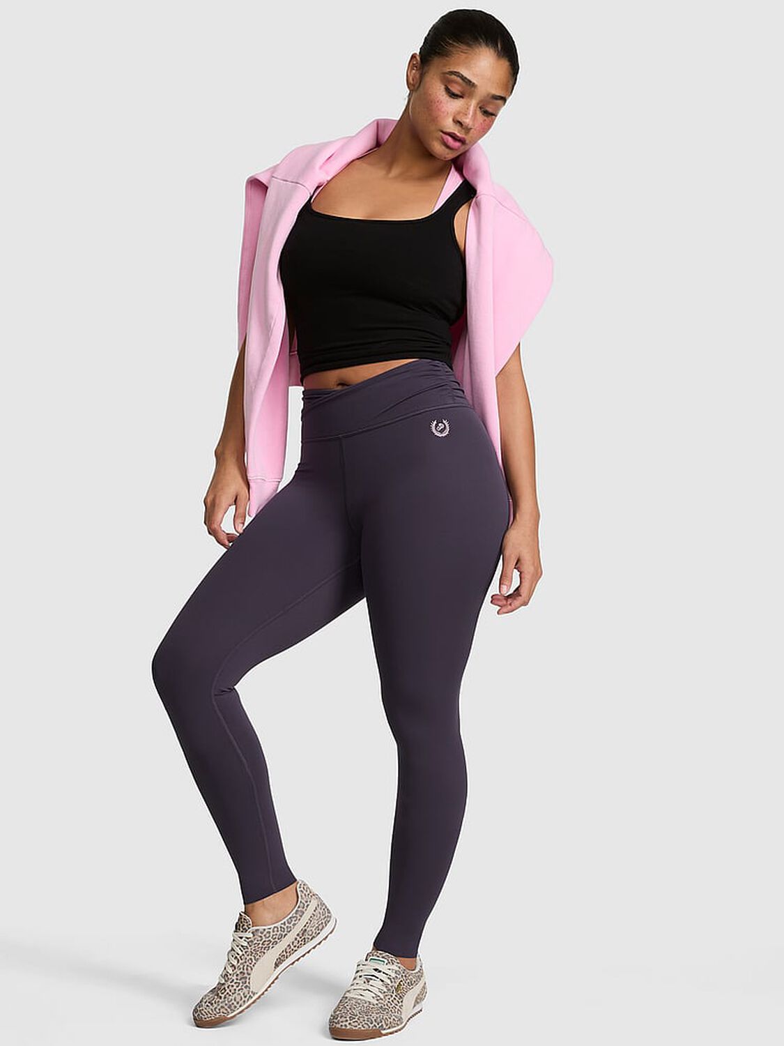 vs Pink PINK Relay&trade; Overlap-Band Leggings Twilight Grey 1 of 4 