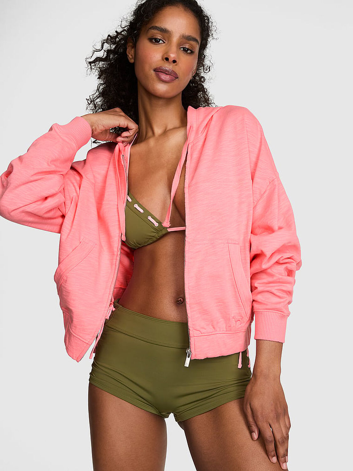 vs Pink Lightweight Lounge Full-Zip Hoodie Frosted Coral 1 of 3 