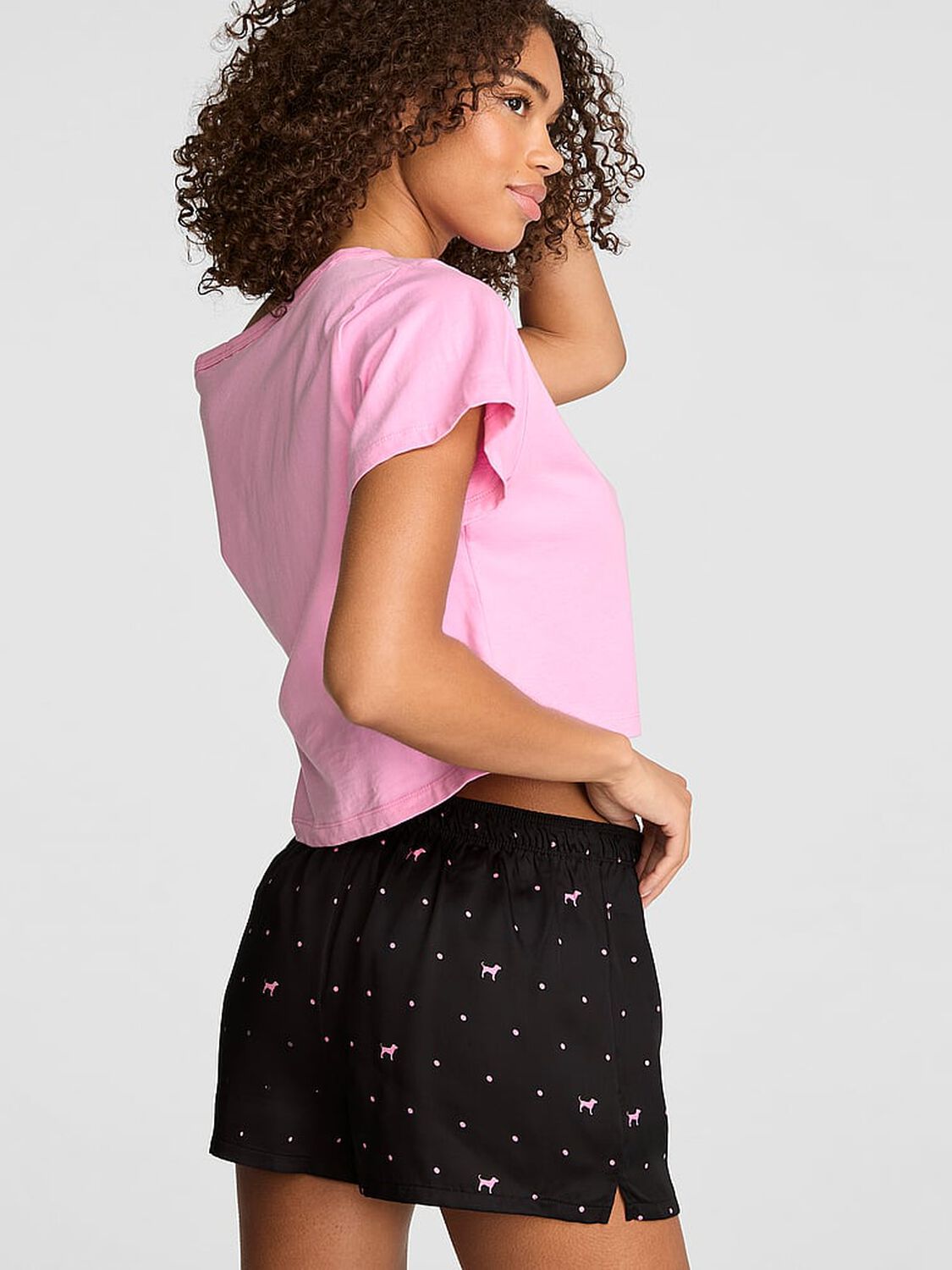 pink Pink Silky Sleep Boxy Pajama Shorts Black With Pink Dot & Dog 2 of 3 
