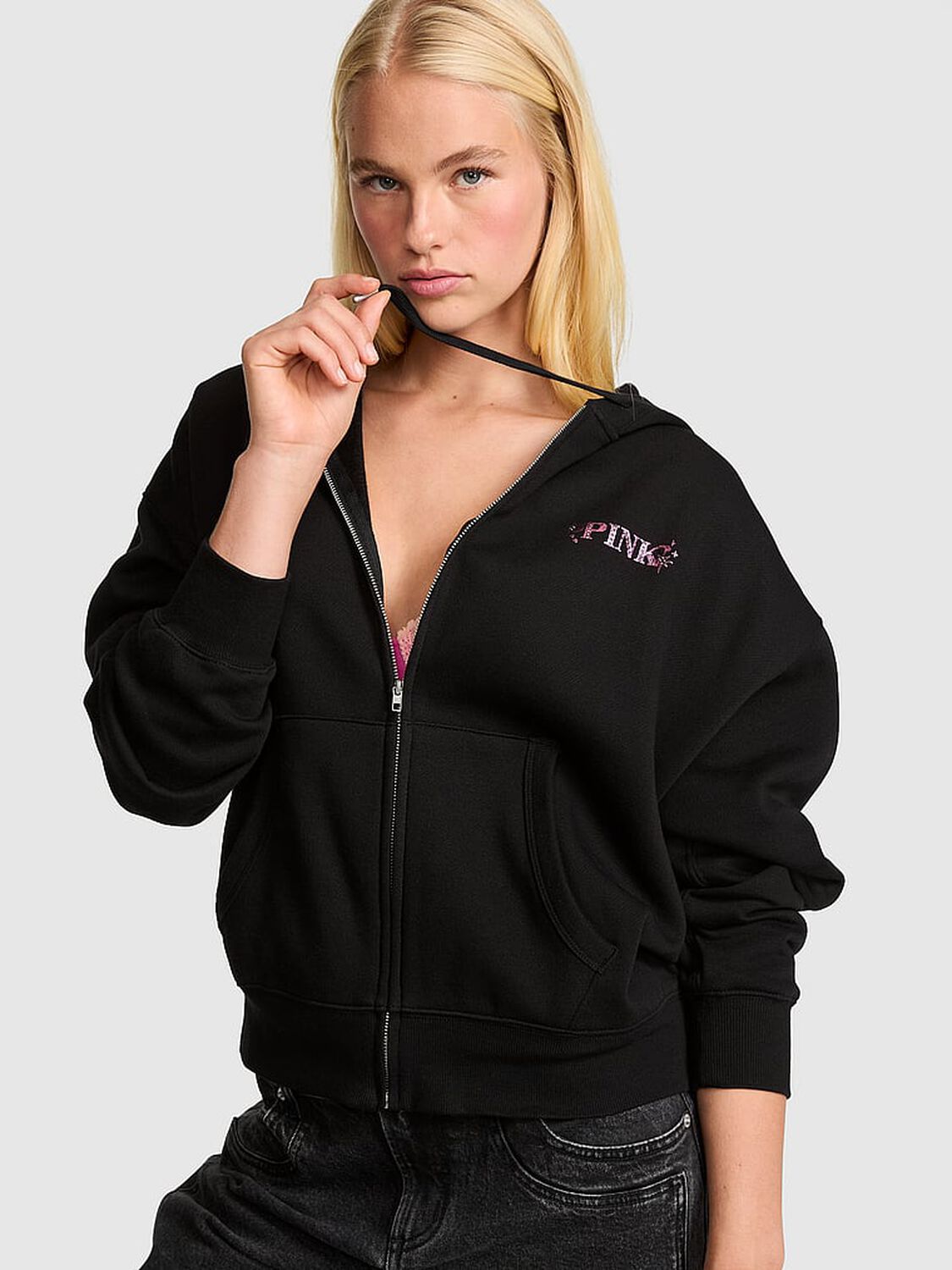 vs Pink Campus Fleece&trade; Full-Zip Hoodie Pure Black 1 of 3 