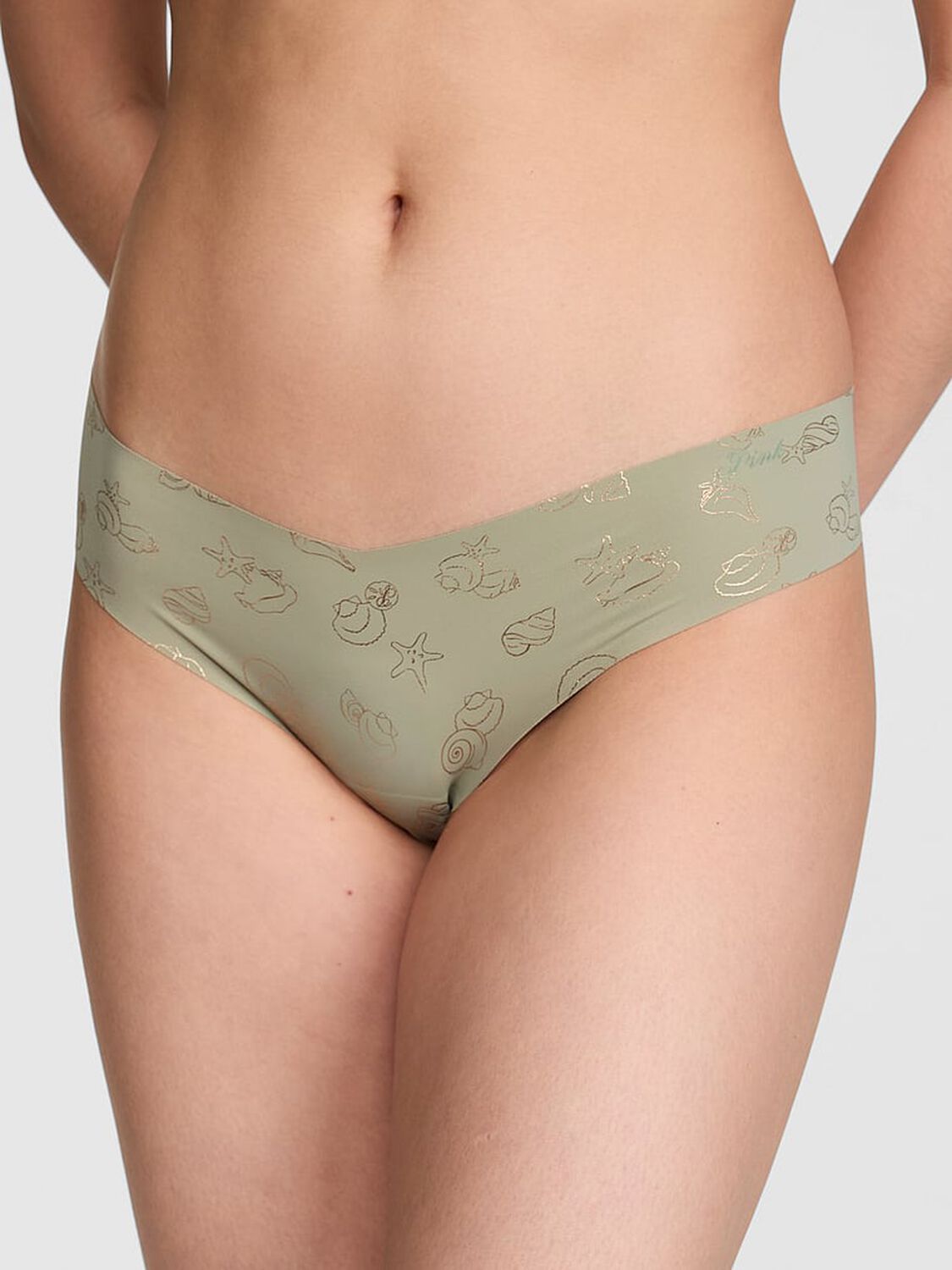pink Pink No-Show Thong Panty Green Shell Foil Print 1 of 3 
