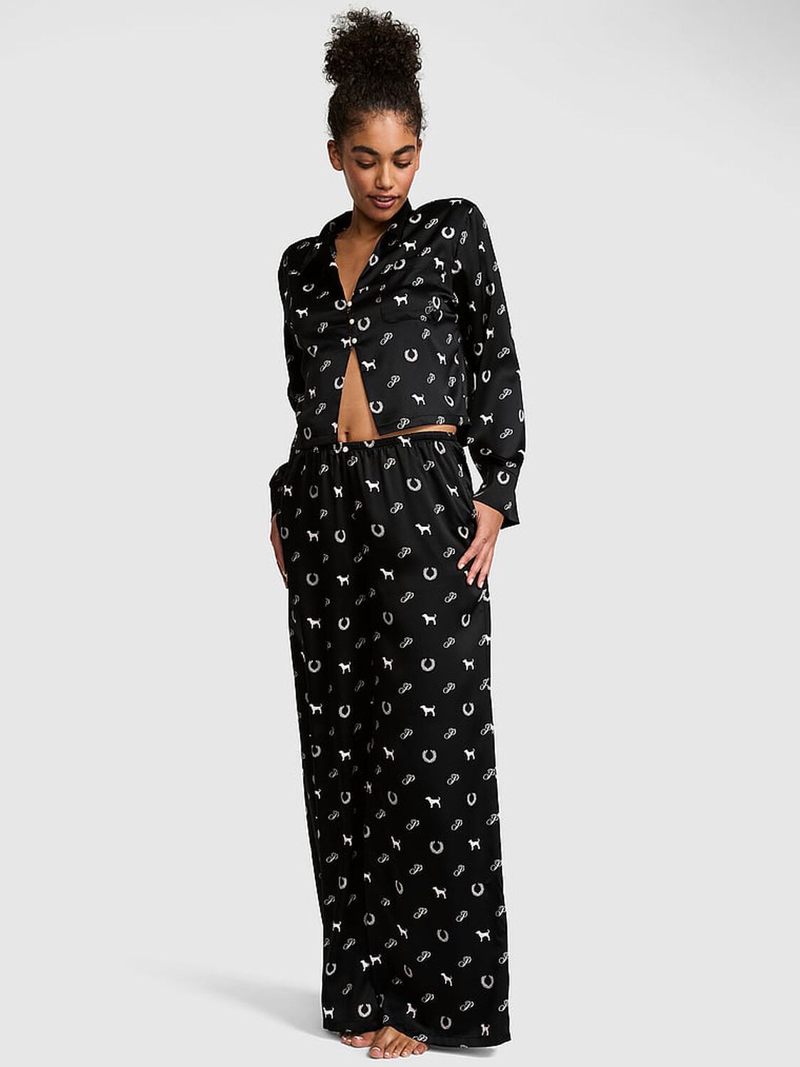 vs Pink GRWPINK&trade; Satin Flyaway Long-Sleeve & Pants Pajama Set Black Heritage Print 1 of 3 
