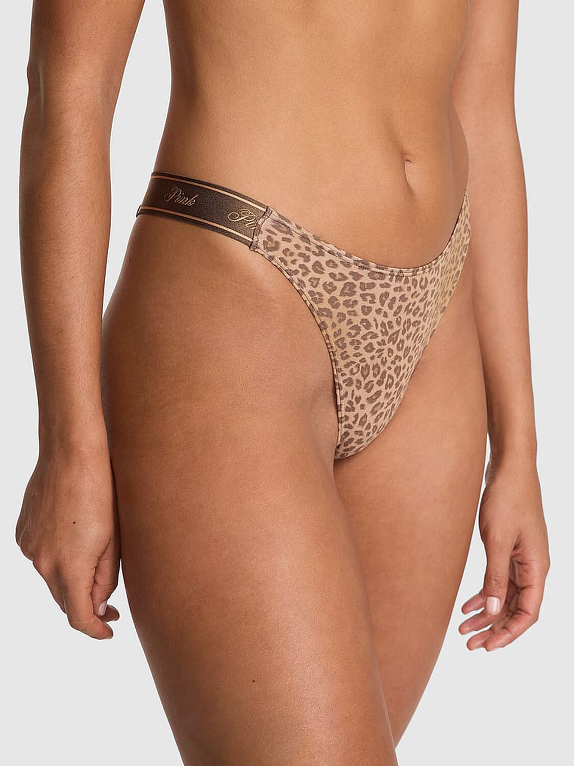pink Pink Logo Cotton Shine High-Leg Thong Panty Birch Brown Leopard Print 1 of 3 