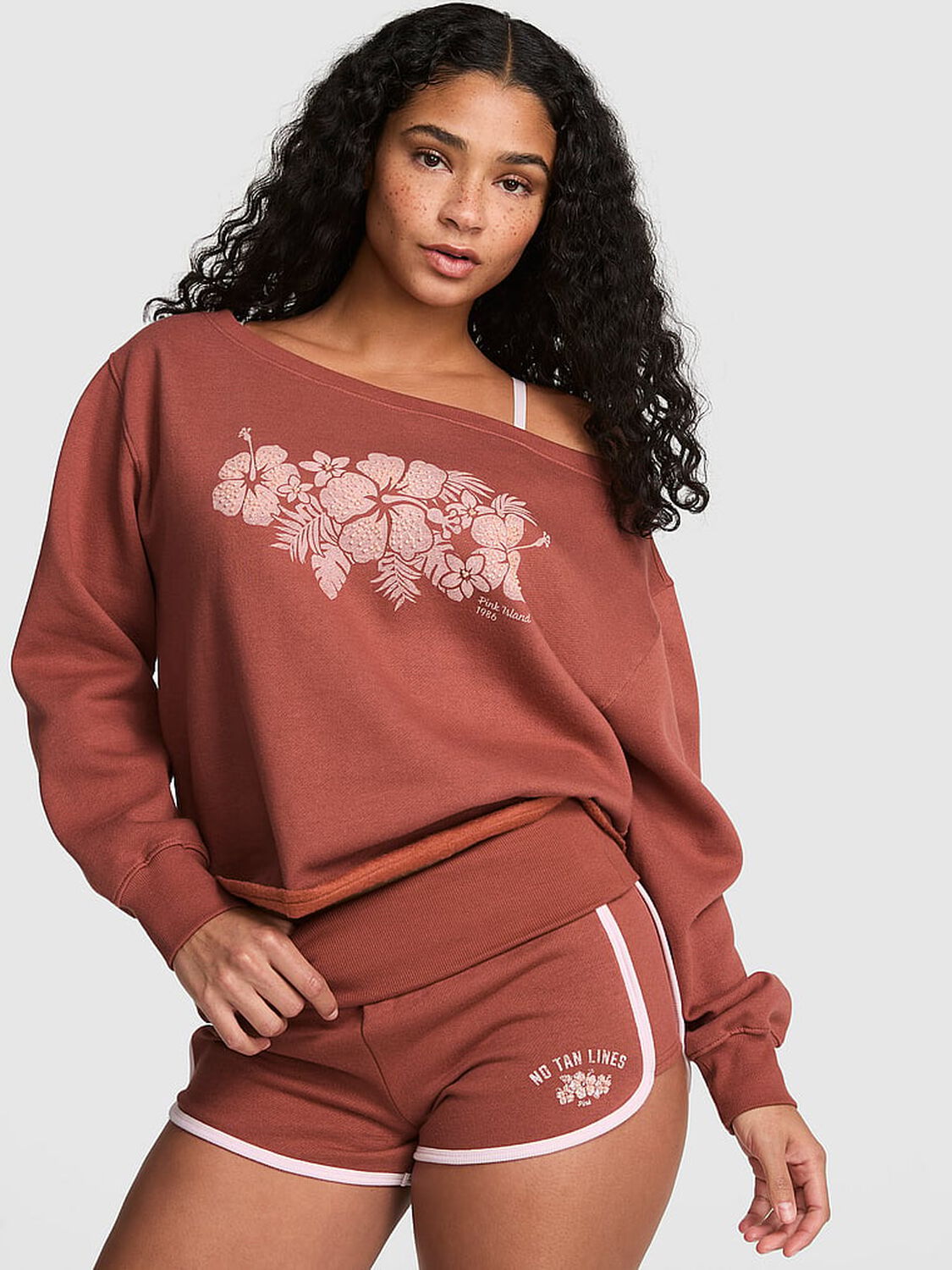 pink Pink Campus Fleece&trade; Rib Off-The-Shoulder Sweatshirt Clay Sunset 1 of 3 