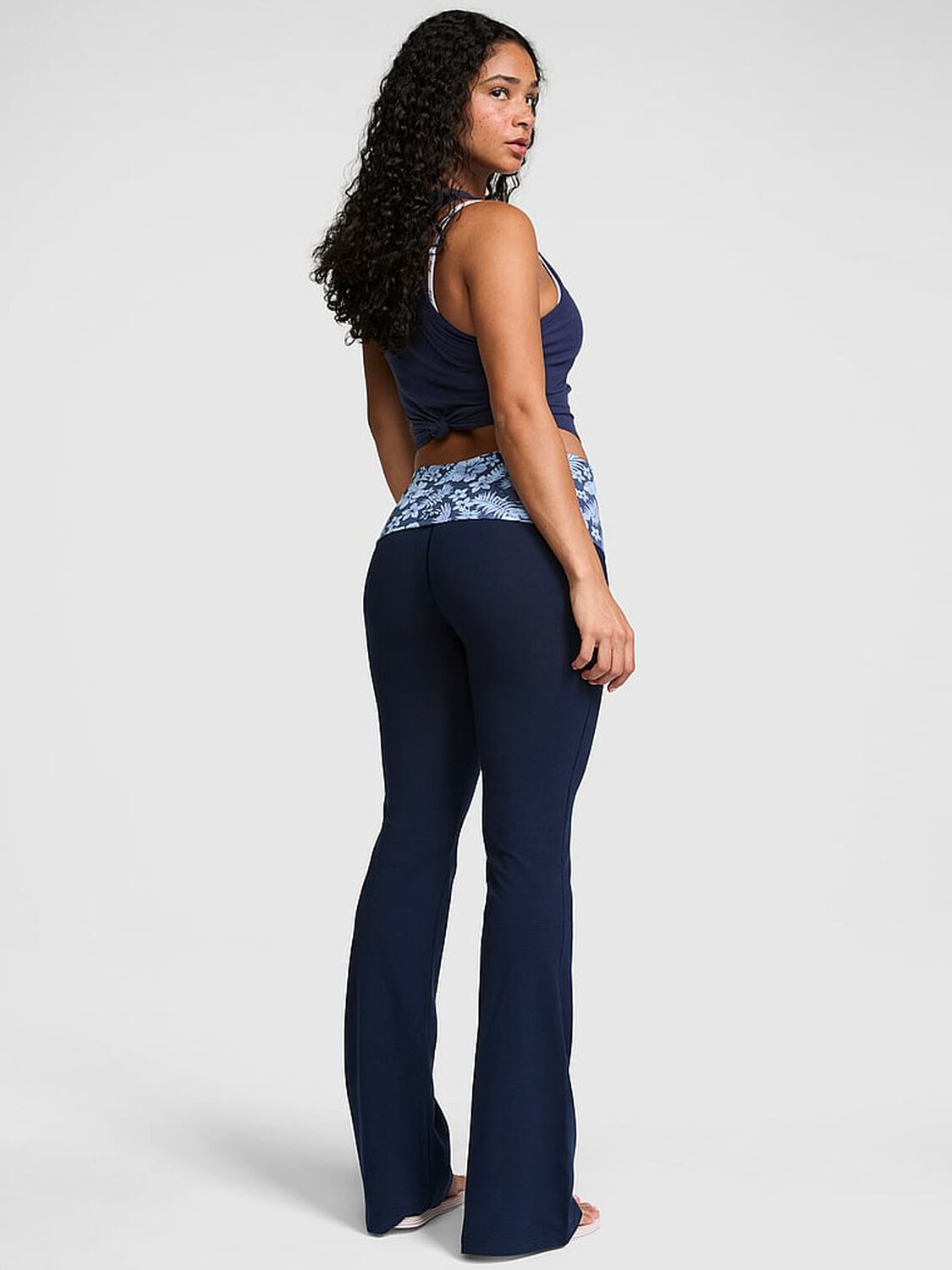 pink Pink All-Day Cotton&trade; Foldover Flare Leggings Noir Navy Floral 2 of 3 