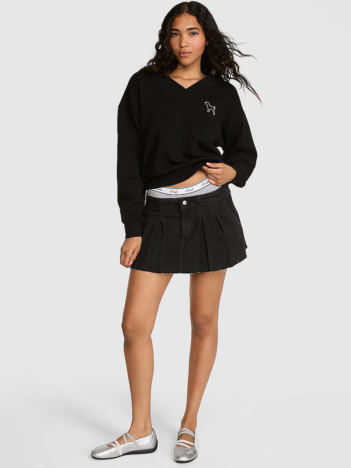 vs Pink Campus Fleece&trade; V-Neck Sweatshirt Pure Black 1 of 3 