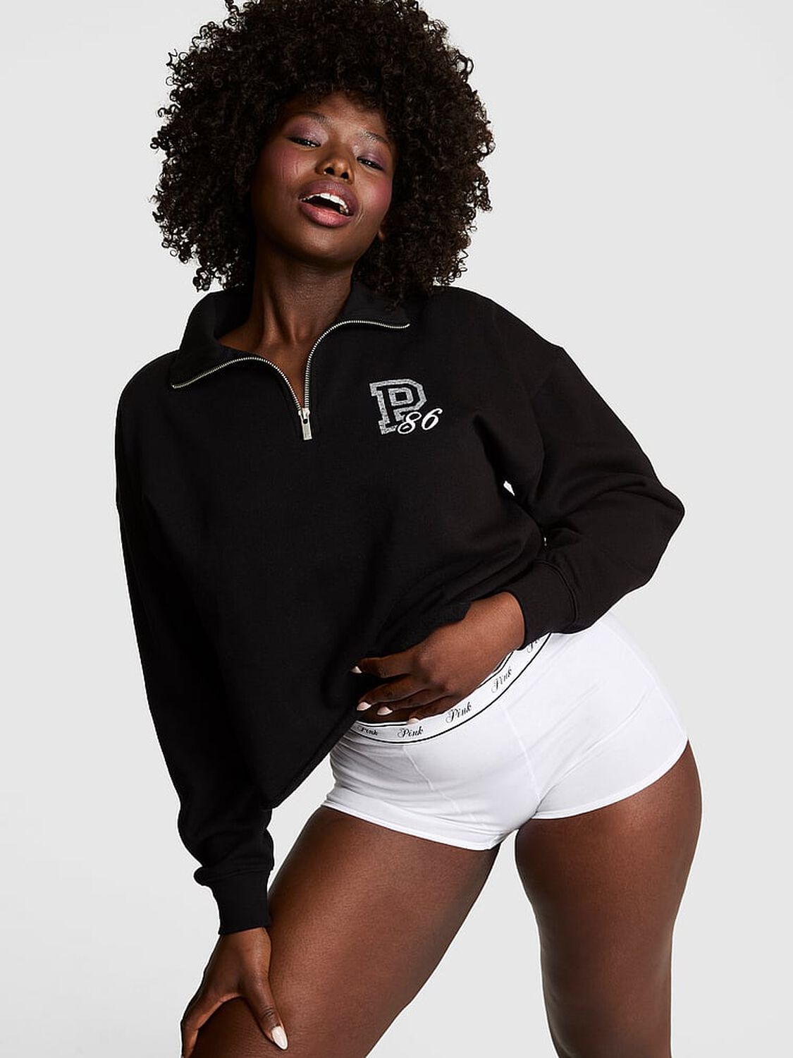 pink Pink Campus Fleece&trade; Quarter-Zip Straight-Cut Sweatshirt Logo Pure Black 1 of 3 