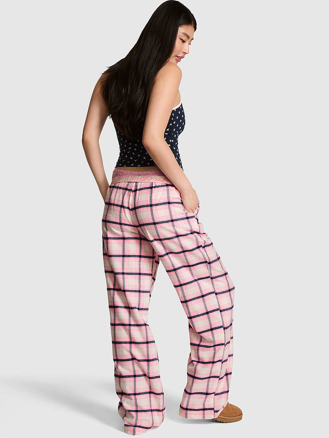 vs Pink 100% Cotton Favorite Flannel Pajama Pants Cozy White, Black, And Pink Plaid 2 of 3 