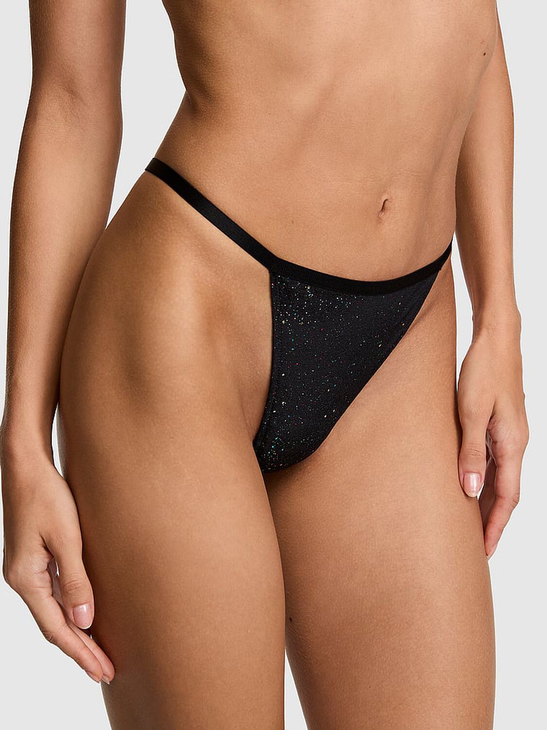 vs Pink Plush Touch High-Leg Thong Panty Black Confetti 1 of 3 