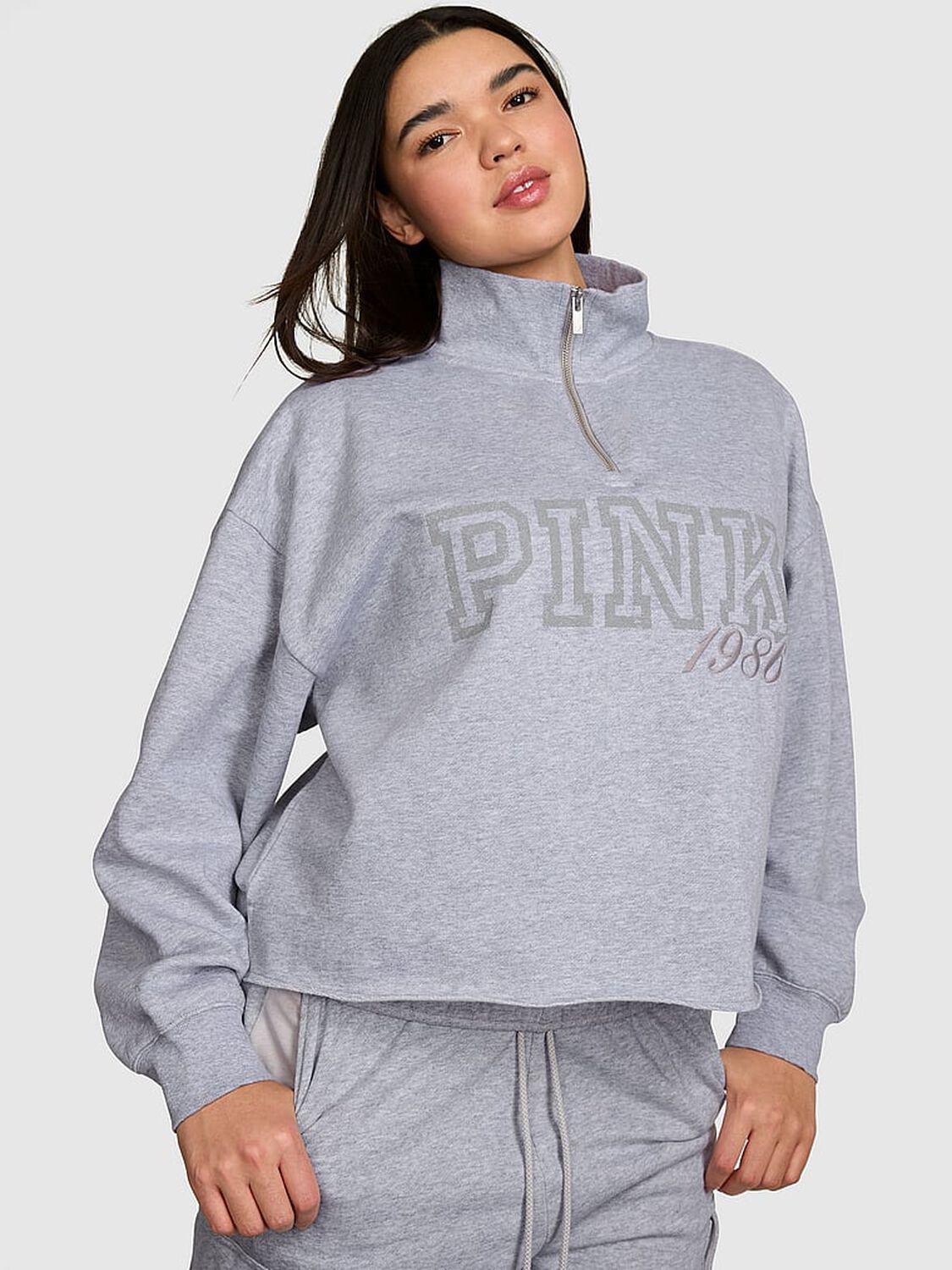 pink Pink Campus Fleece&trade; Quarter-Zip Straight-Cut Sweatshirt Medium Heather Grey Spring 1 of 3 