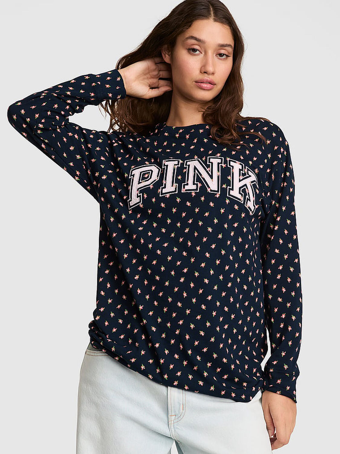 pink Pink Campus Cotton&trade; Long-Sleeve Tee Noir Navy Fresh Florals 1 of 3 