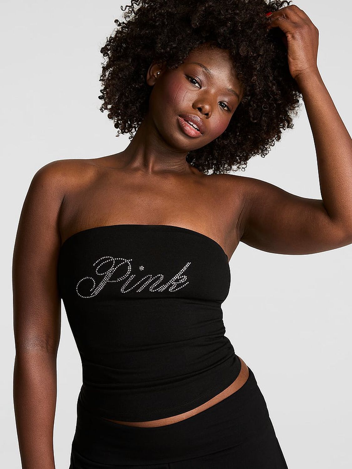 pink Pink All-Day Cotton&trade; Side-Ruched Tube Top Pure Black With Pink Bling 1 of 3 