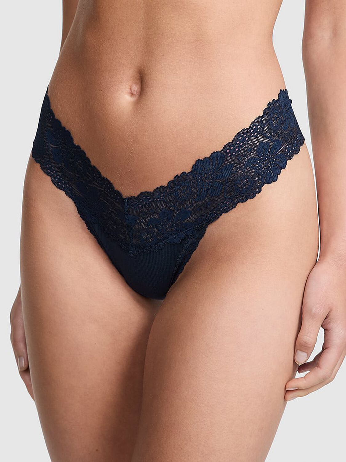 pink Pink PINK Wink&trade; Lace-Trim Thong Panty Noir Navy 1 of 3 