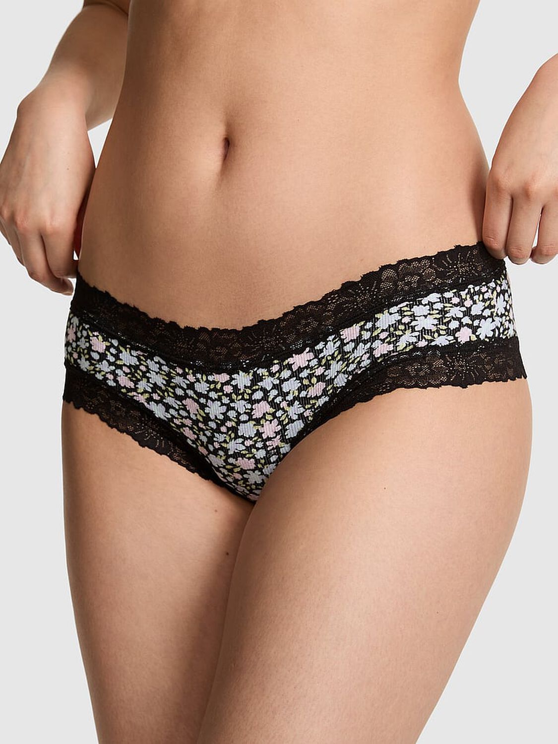 pink Pink PINK Wink&trade; Lace-Trim Cheeky Panty Black Floral 1 of 3 
