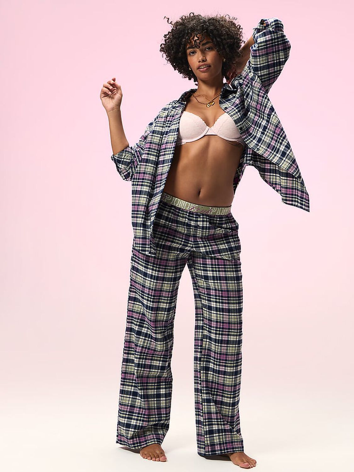 vs Pink 100% Cotton Favorite Flannel Pajama Pants Woodland Green Plaid 4 of 4 