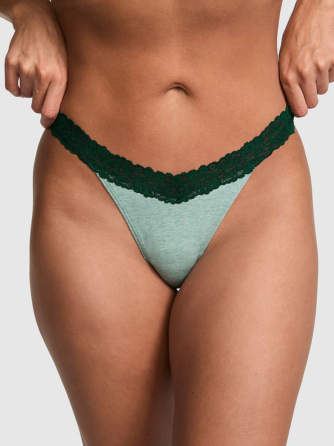 pink Pink Cotton Lace-Trim Thong Panty Heather Soft Sage With Dark Garden Lace 1 of 3 